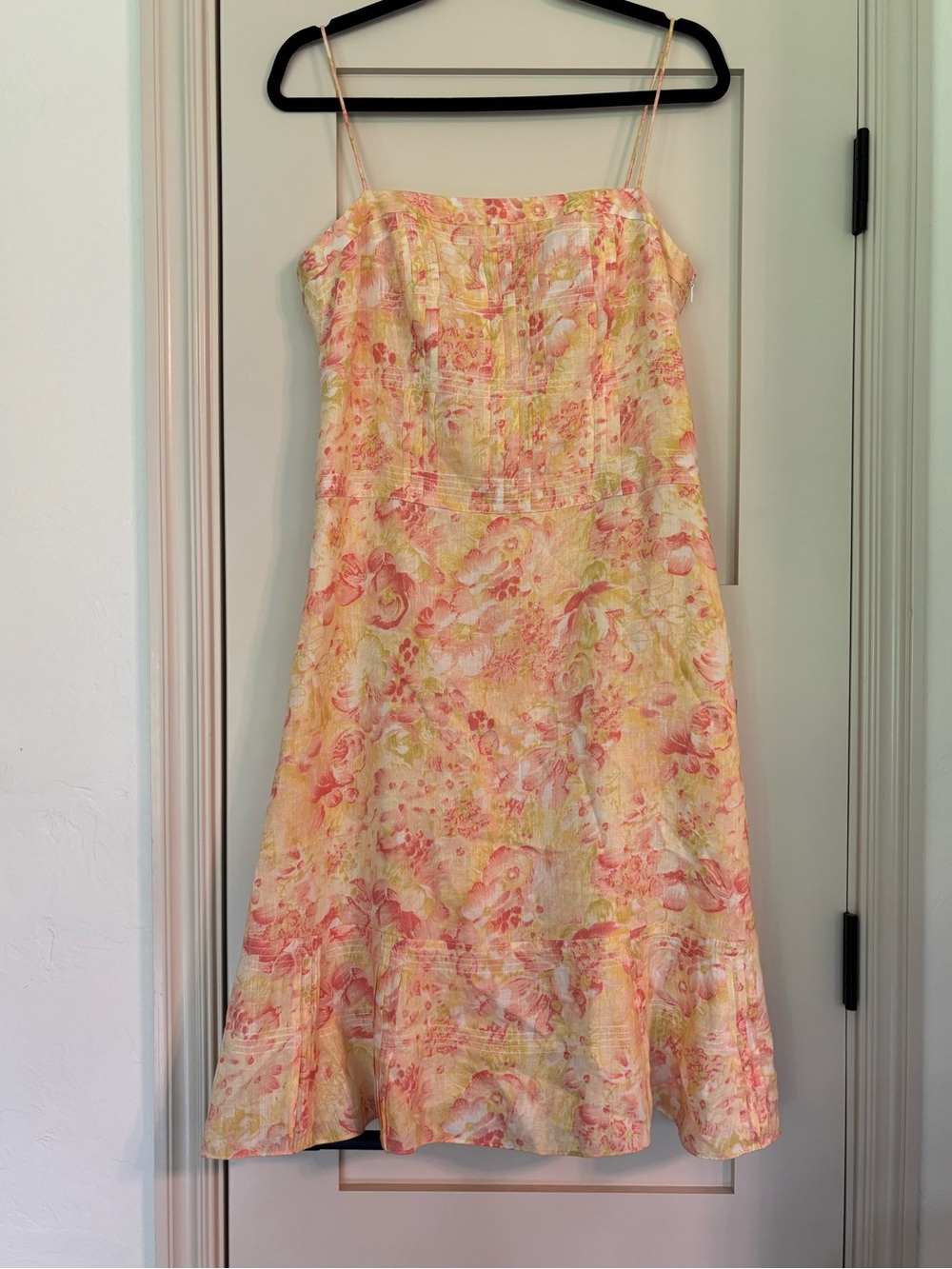 Ann Taylor Linen Sun Dress Floral Spaghetti Strap Summer Midi Lined Yellow Sz 8